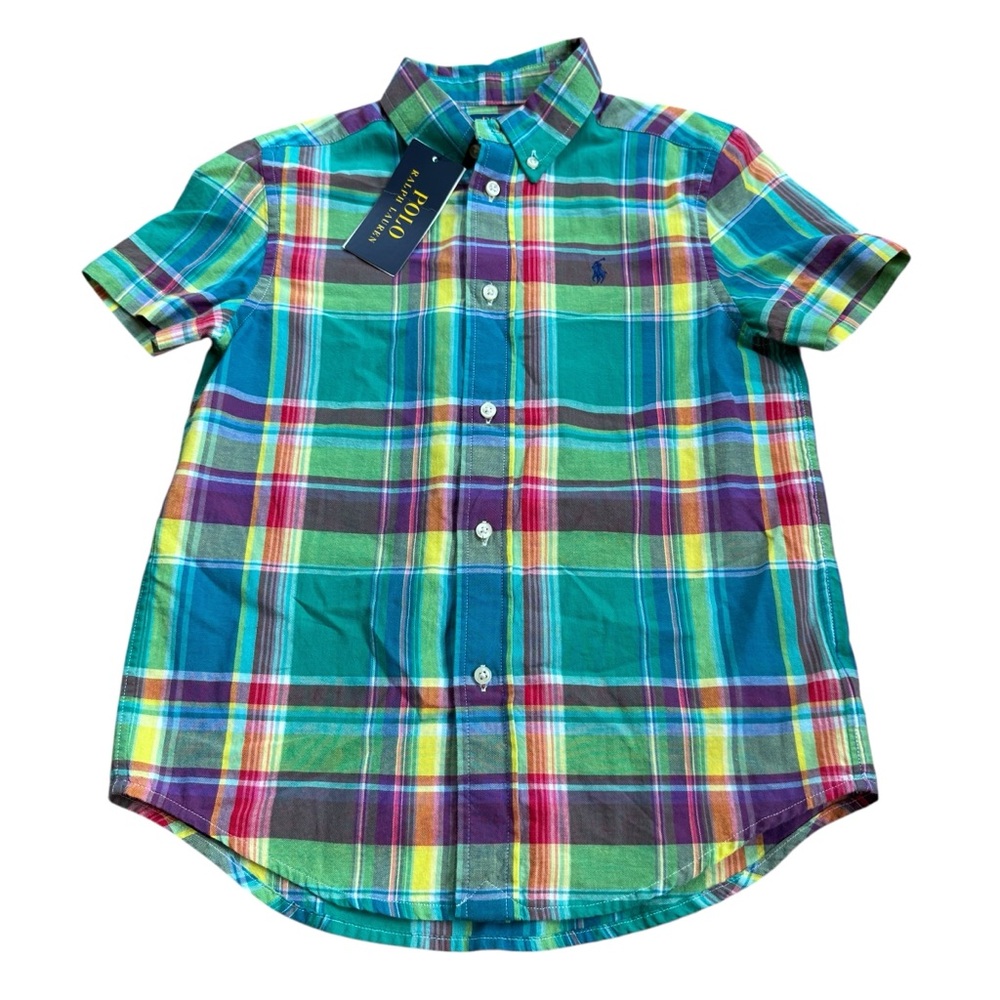 Polo Ralph Lauren Boy's Short Sleeve Madras Plaid Button Down Shirt Sz 7 NEW TAG